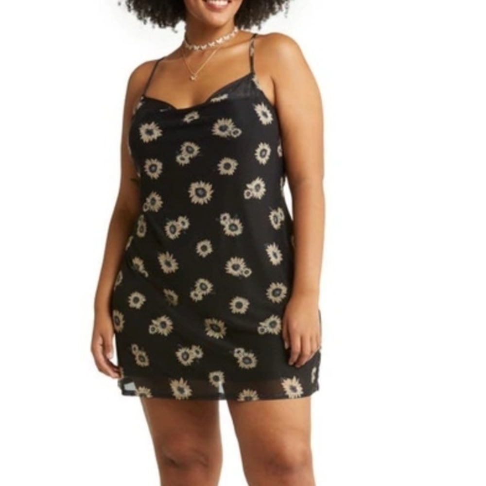 🌻 BP Black Sunflower Print Cowl Neck Mini Dress – Size Small 🌻